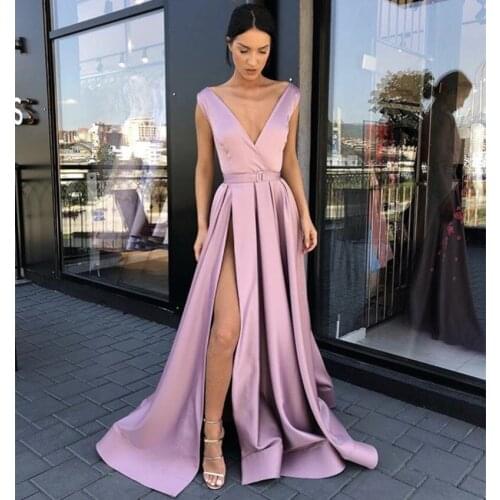 Fashion Pink Deep V-Neck Sleeveless A-Line Side Split Court Train Satin Pleated Long Women Prom Dresses Party Gown For Prom
