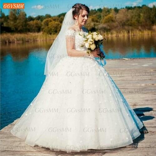 Elegant White Wedding Gowns 2020 vestido de noiva Ivory Lace Up 3D Flowers Tulle Ball Gown Bride Dresses Long Women Off Shoulder