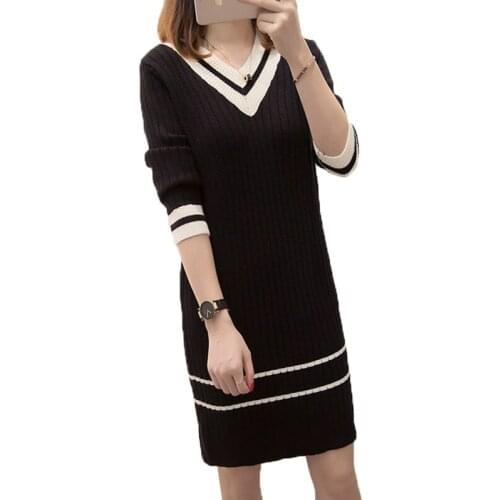 Women Knit Sweater Pullover dress New Autumn Winter V-neck Long Sleeve Loose Mid-length Knit dress Vestido Female Plus Size T334