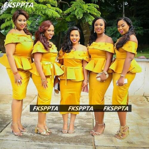 Gold Short African Bridesmaid Dresses Off The Shoulder Sheath Shiny Satin Maid Of Honor Party Gowns With Flowers Plus Size