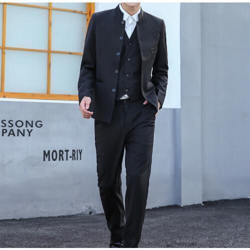 2020 Stand-collar Black Men Suit 3pieces Slim fit Man Business Work Wear Blazer Groom Wedding Suits Tuxedo Jacket Vest Pants Set