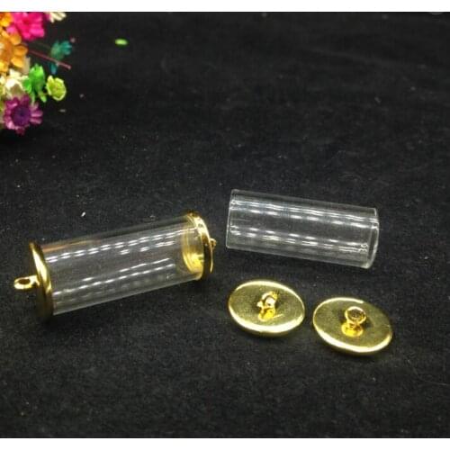 3sets/lot 28*12mm tube glass globe two sides opening gold color with button base glass bottle glass vail pendant rice jewelry