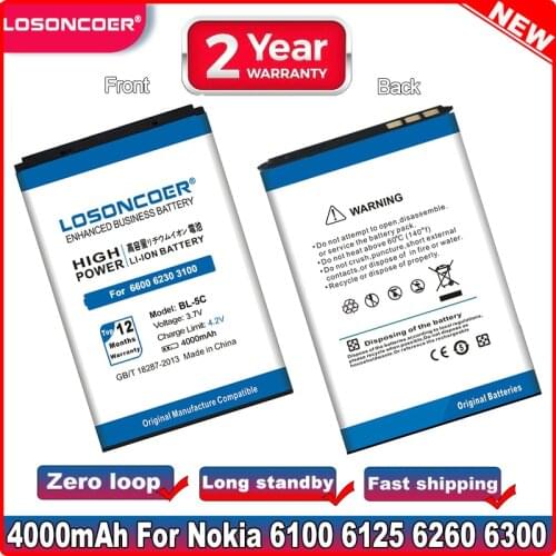 4000mAh BL-5C BL5C BL 5C Battery For Nokia 1100 1110 1200 1208 1280 1600 2600 2700 3100 3110 5130 6230 1112 2610 n70 Batteries