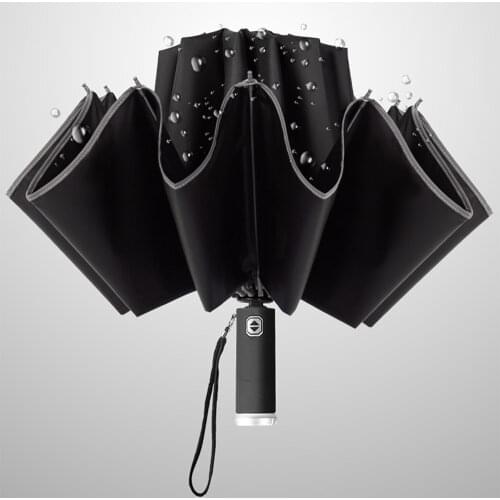 Automatic Umbrella With Reflective Stripe Reverse LED Light Three Folding Inverted 12 Ribs Windproof Umbrellas Travel Household