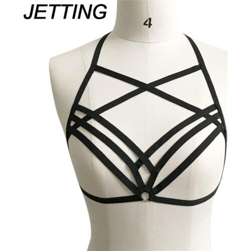 Harness Strappy Halter Cupless Bra Sexy Goth Women Hollow Out Elastic Bandage Cage Bustier Crop Top Bra