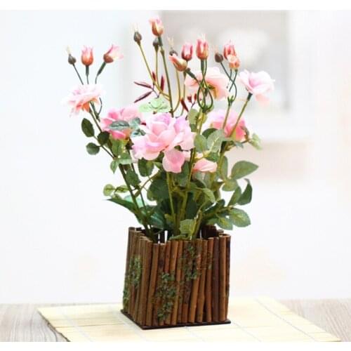 Display 1 Set Rose Fake Silk Artificial Flowers + Wooden Fence Vase For Home Living Room Garden Table Decoration