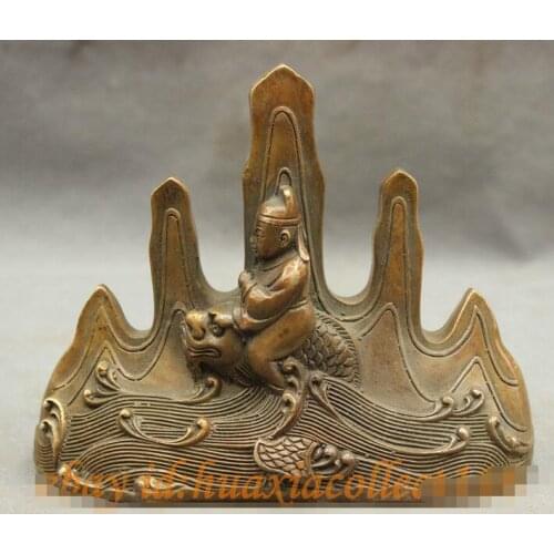 China Bronze Copper Wealth Scholar Ride Dragon Fish Statue Pen Brush Rack Holder