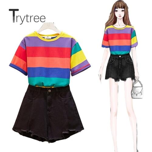 Trytree 2020 Summer Women Two Piece Set Casual O-neck Stripe T-shirt Tops + Skirt Pockets Mini Tassel Fashion Set 2 Piece Set