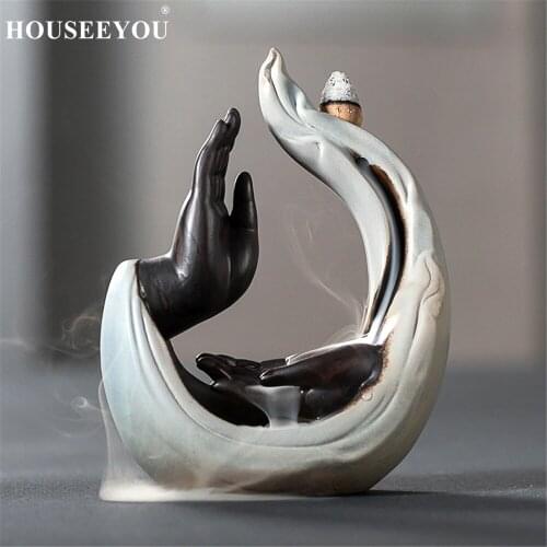 Creative Buddha Palm Hand Incense Holder Porcelain Backflow Incense Burner Smoke Aroma Censer Encens Meditation Yoga Zen Room