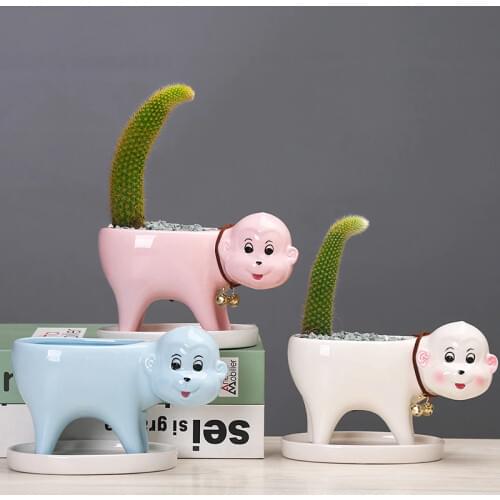 Creative Ceramic Cartoon Monkey Flowerpot Simple Succulent Plant Container Green Planter Small Bonsai Pot Home Garden Decoration
