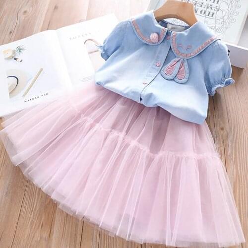 Summer Girls Princess Clothes Set Short Sleeve Jeans T-shirt+ Mesh Tutu Ball Gown Skirt 2pcs Kids Children Baby Outfits S12213