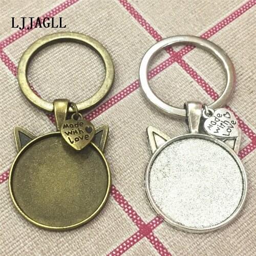 LJJAGLL 2Pcs Silver Cat Ears Blank Base Fit 25mm Cabochon Daddy Girl love Made Gift Keychains Car Key Rings Cute Pendant Diy Use
