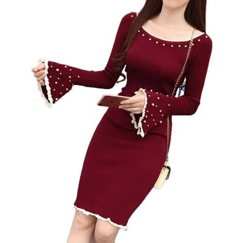 Fashion Autumn Winter Pearl Beading Knitted Dress Women Elegant High Street Long Flare Sleeve Bodycon Party Dresses