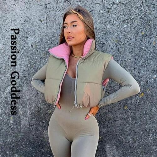 Fashion Cute Women Pink Puffer Jackets Vest Sleeveless Bubble Coats Parkas Down High Waisted Vests Reversible Cotton Crop Parkas