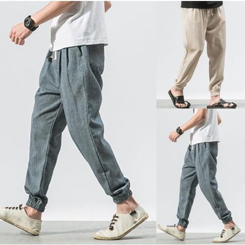 2021 New Mens Casual Slim Sports Pants Ankle-length Linen Trousers Baggy Harem Pants Comfy Daily Simple Pant Calça Dropshipping