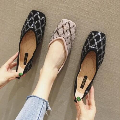 Shiny crystal beading flat shoes woman square toe mules glitter plaid single shoes soft bottom foldable flats schoenen vrouw