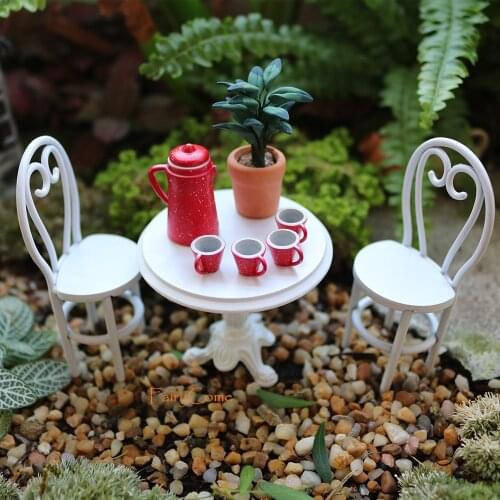 Set of 9PCS Miniature Garden Metal Table and Chairs with Tea Set and Vase Dollhouse House Furniture Kit Fairy Garden Accessories