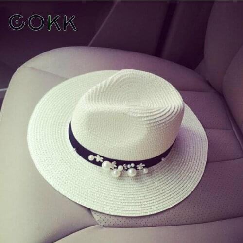 COKK New Spring Summer Hats For Women Flower Beads Wide Brimmed Jazz Panama Hat Chapeu Feminino Sun Visor Beach Hat Cappello