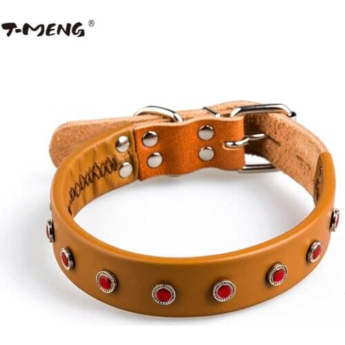 T-MENG Pet Dog Collar Genuine Leather Adjustable Size 1 Row Red Rivet Studded Rhinestone Yellow Necklace Dog Accessories supplie