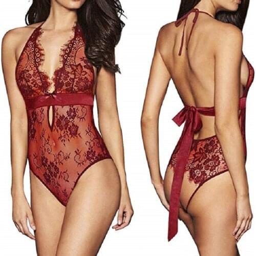 European and American sexy one-piece pajamas sexy lace womens one-piece bow sexy suit