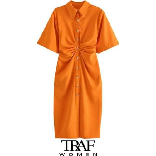 TRAF Za Women Chic Fashion Button-up Draped Midi Shirt Dress Vintage Short Sleeve Side Zipper Female Dresses Vestidos