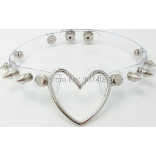 Handcrafted Sexy Punk Rock Gothic Spikes Studded Clear Vinyl Transparent Heart Choker Collar Necklace