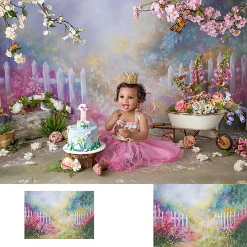 Secret Garden-Newborn Portrait Backdrop Photography Oil Painting Style Children Birthday Background Flowers Fence Photo Shoot
