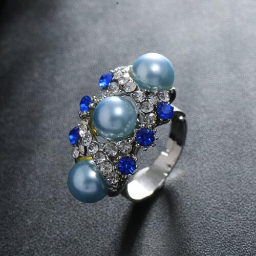 Silver Color Pearl Beads Crystal Rhinestone Adjustable Rings for Women Girls Fashion Wedding Ring Party Jewelry