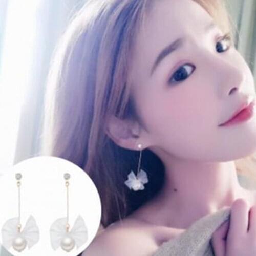 Korean sweet girl heart super fairy ribbon bow pearl earrings simple wild long earrings wholesale