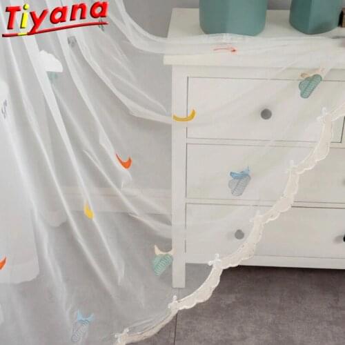 Cute Cartoon Blue Clouds Tulle Curtains for Living Room Embroidery Moon Yarn Window Drapes for Kids Room Balcony # VT