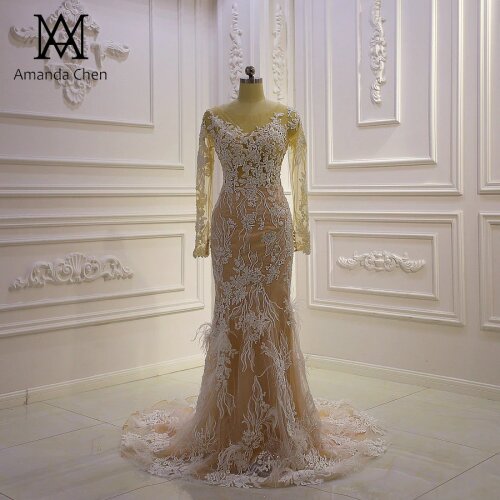 Vintage dress Long Sleeve Lace Appliques Champagne Feather Wedding Dress