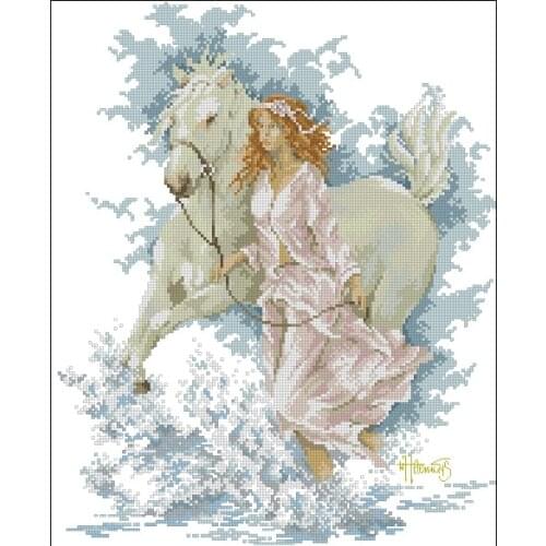 Top Quality Lovely Counted Cross Stitch Kit White Horse and Girl Lady Woman Cross The River Lanarte 33827