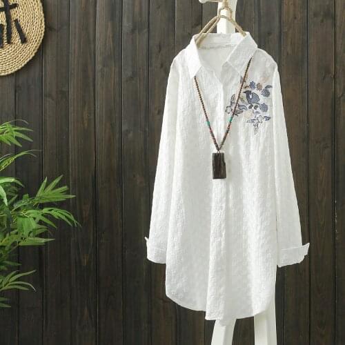 Vintage Embroidery Long Women Shirts Autumn Loose Casual Turn-Down Collar Female Outwear Coats Tops