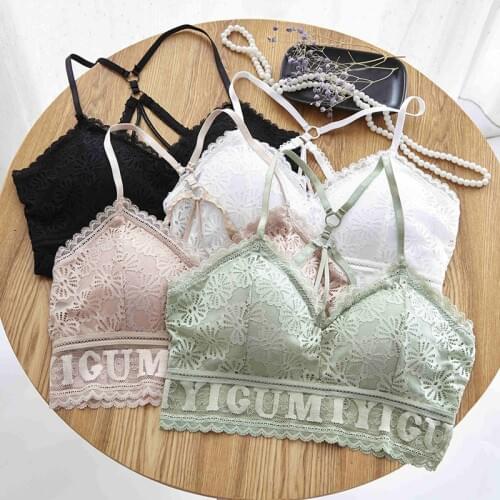 Women Bras 2020 New Lace Hollow Out Floral Underwear Sexy Backless Cross Shoulder Strap Sports Bra