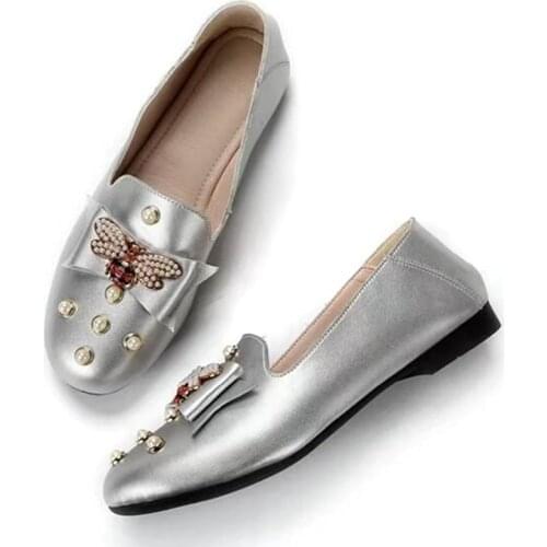 Koovan Womens Flats 2020 New Bee Flat Shoes Pearl Lazy Bow Square Head Shallow Mouth Lok Fu Shoes Women Rhinestone