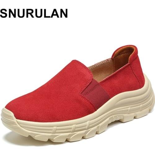 SNURULAN Spring Women Flats Platform Sneakers Suede Leather Casual Shoes Slip On Flats Heels Creepers Moccasins 35-40