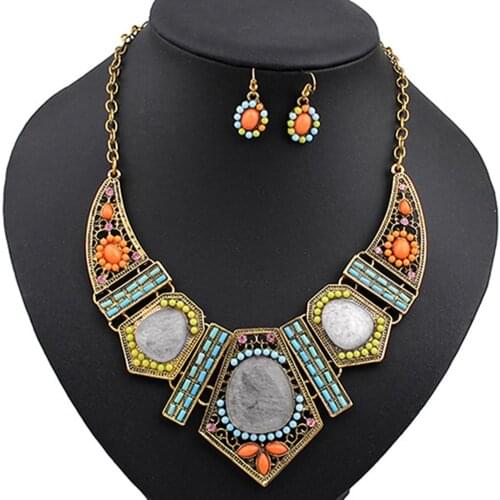 Womens Boho Colorful Hollow Statements Chain Choker Necklace Hook Earrings Set
