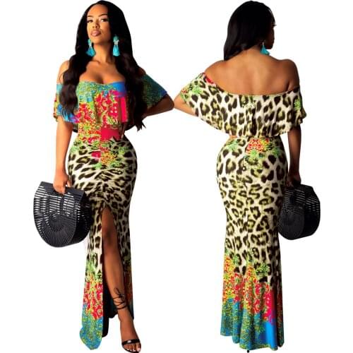 Tube summer maxi dress women Leopard Print sexy long Dresses split off shoulder robe