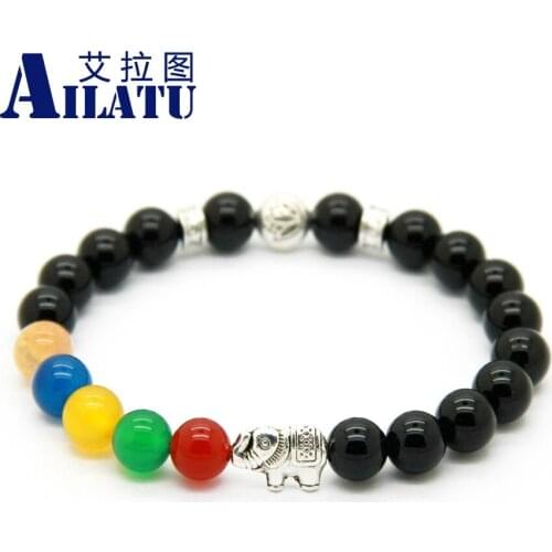 Ailatu Good Luck Jewelry Party Gift 8mm Stone Beads Lotus with Elephant Yoga Meditation Bracelet