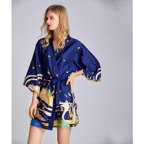 Satin Robes For Women Plus Size Print Night Robe V Neck 3/4 Sleeve Soft Comfortable Satin Nightwear Gown Sleepwear Women Pajamas