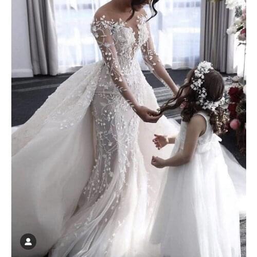 Ball gown wedding dresses 2021 lace appliques detachable skirt long sleeve bridal dresses vestidos de noiva