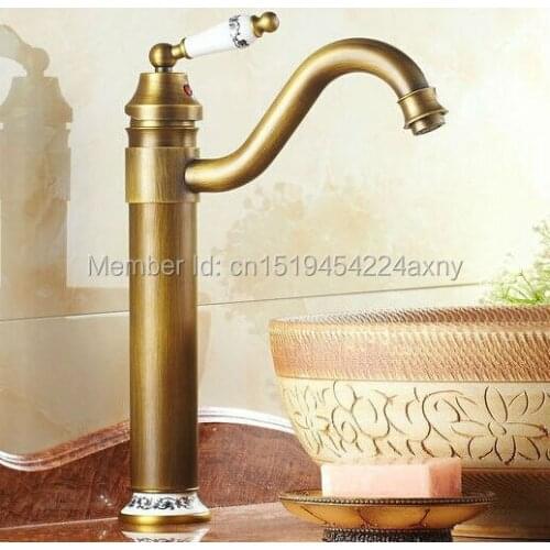 Free shipping 13" Height Antique Brass & Porcelain Kitchen Sink Bathroom Basin Brass Faucet Mixer Tap Swivel GI21