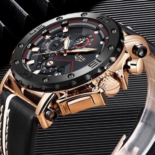 2020LIGE New Fashion Mens Watches Top Brand Luxury Big Dial Military Quartz Watch Leather Waterproof Sport Chronograph Watch Men