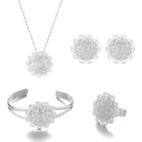 Ethiopian Gold Jewelry Sets 24k Coin Pendant Necklace Earring Ring Dubai Gifts for Women African Eritrea Wedding Bridal Set