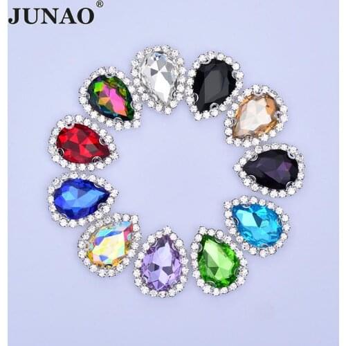JUNAO 10pcs 13*18mm Sew On Colorful Glass Drop Rhinestones Silver Claw Strass Appliques Flatback Sewing Crystal Stones For Dress