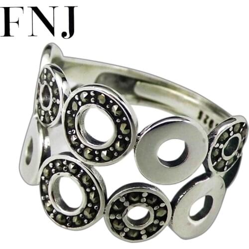 FNJ MARCASITE Round Rings 925 Silver Adjustable Size Open Popular S925 Solid Silver Ring for Women Jewelry Fine Vintage