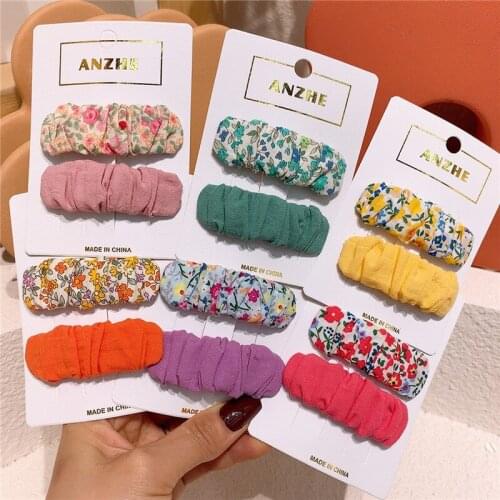 2 Pcs New Sweet Girl Princess Fashion Colorful BB Clip Children Simple Small Fresh Folds Floral Fabric Hairpin Hair Accessories