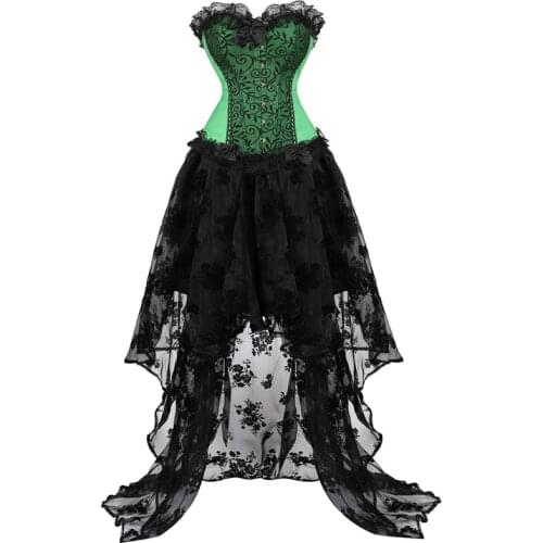Corset Bustier Dress Overbust Top Skirt Tulle Set Long Lace Plus Size Gothic Sexy Lingerie Burlesque Vintage Green Purple