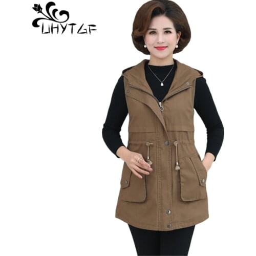 UHYTGF Female Jacket Hooded Cotton Comfort Spring Autumn Vests For Women Sleeveless Casual Mom 5XL Plus Size Waistcoat Coat 1972