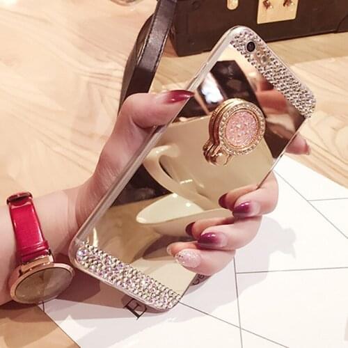 LaMaDiaa Bling Rhinestone Mirror Stand Ring Holder Soft Cover for iPhone 11 12 Pro Xs Max XR 7 8 plus 6 6s plus 5s SE Phone Case